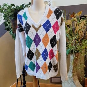 Vintage Argyle Sweater Colorful 80s V-Neck Class Club Cream Multicolored Grandpa